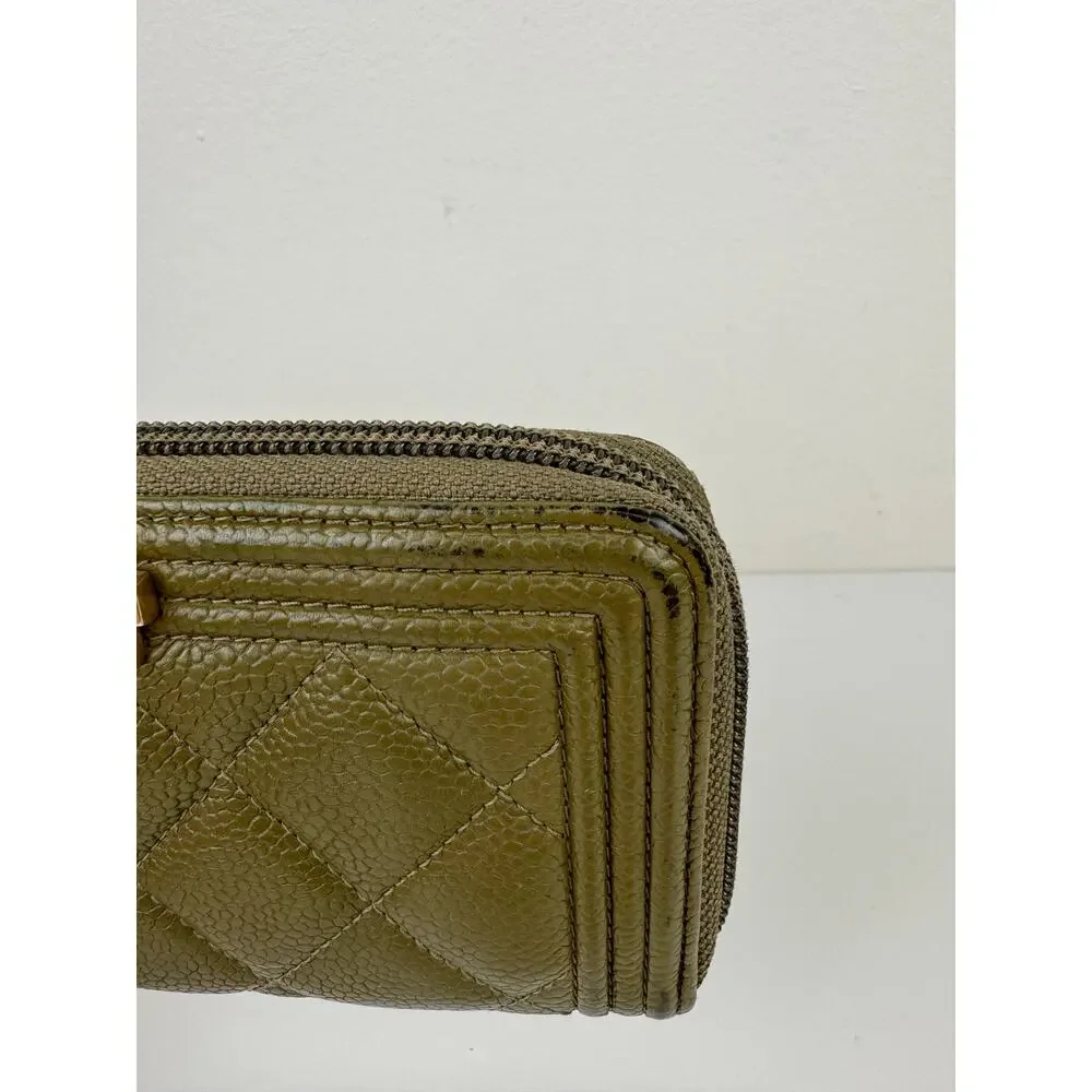 CHANEL Khaki Green Continental Wallet Leather Quilted Inner Pocket Zip Around